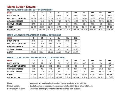 Mens Button Down Shirt Size Chart