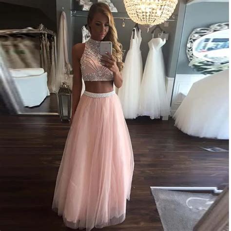 Yinyyinhs Pink Two Piece Prom Dresses 2017 Long Beaded Girls Sparkly