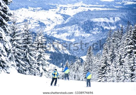 Idealistic Mountain Slope Many Unrecognizable Skiers Stock Photo