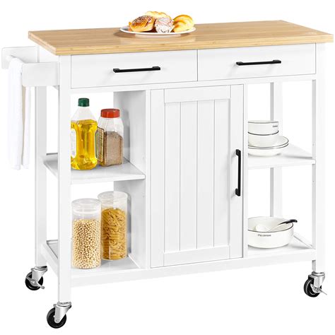 Buy Yaheetech Kitchen Island On Lockable Wheels With Bamboo Countertop