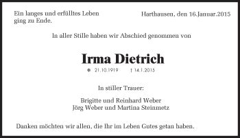 Traueranzeigen von Irma Dietrich Schwarzwälder Bote Trauer