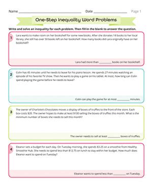 One Step Inequality Word Problems Interactive Worksheet