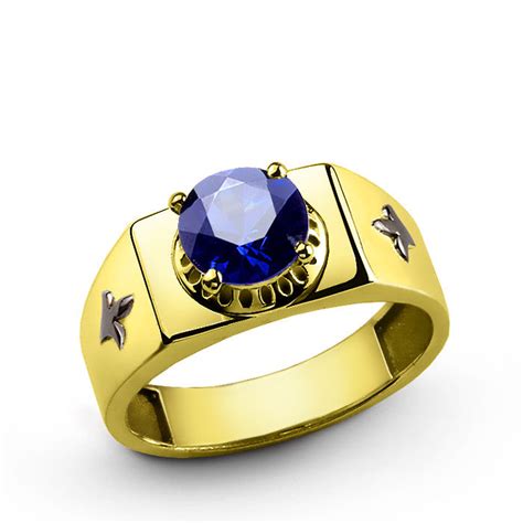 Mens Gold Ring With Blue Sapphire Gemstone 10k Solid Gold Ring For M