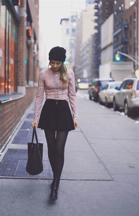 Red Striped Turtleneck Black Suede Skirt Tights Boots