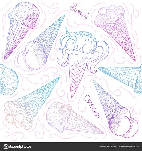 Unicorn Ice Cream Cone Seamless Pattern Hand Drawn Vector Illustration