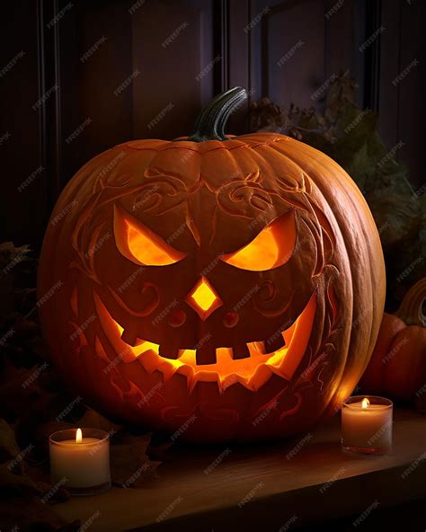 Premium Ai Image Eerie Halloween Pumpkin Carving In Dimly Lit Room