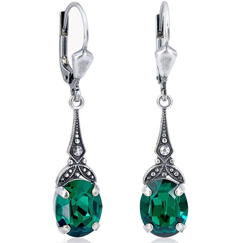 Jugendstil Ohrringe Swarovski Kristalle Silber Grün Emerald NOBEL