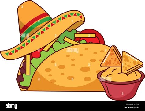 Taco Nachos And Hat Mexican Food Traditional Vector Illustration Stock