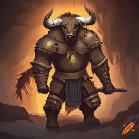 Loyal Minotaur Knight In Half Plate Armor With A Red Cape Wielding A