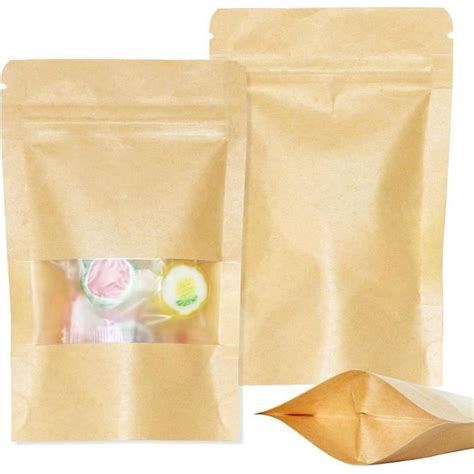 100Pcs Sac Alimentaire en Papier Kraft Sac à Fermeture éclair en