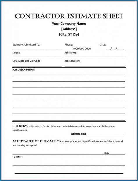 Printable Contractor Estimate Template