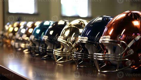 Football helmets in a row, reflecting American high school culture ...