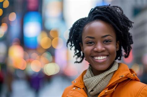 Premium Photo Smiling Woman In Orange Jacket