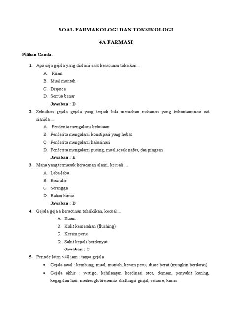 Soal Farmakologi Dan Toksikologi 4a Farmasi Pdf