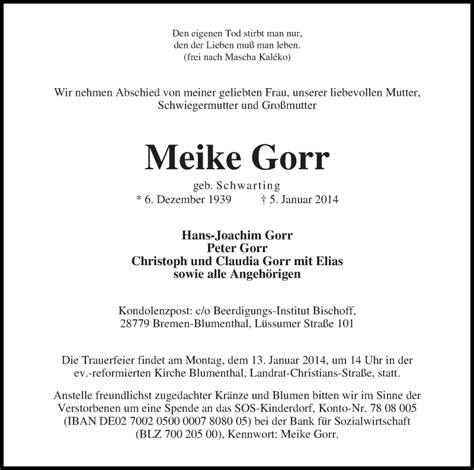 Traueranzeigen Von Meike Gorr Trauer Gedenken