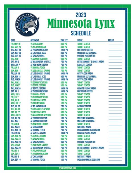 Printable2023 Minnesota Lynx Basketball Schedule