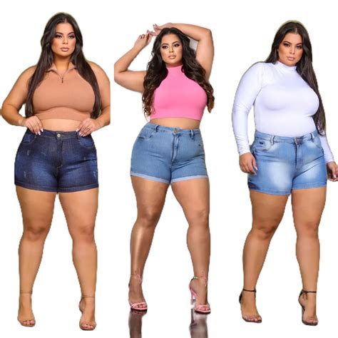 Short Jeans Plus Size Feminino Luxo Com Lycra Cintura Alta Barra Normal Com Lycra Veste 48 Ao 54