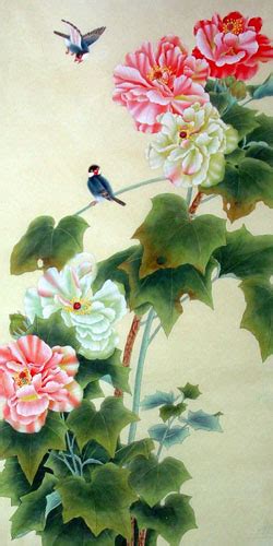 Chinese Cotton Rose Painting Peony and bird 2605001, 66cm x 136cm(26〃 x 53〃)