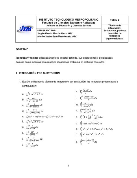 Taller 2 Ci Preparatorio Parcial 2 2022 1 Calculo Integral Itm