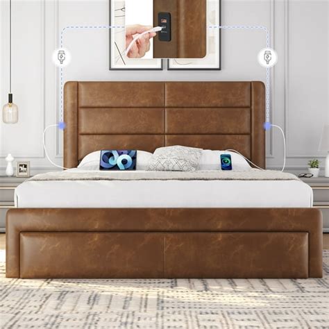 Topeakmart Queen Upholstered Leather Bed Frame With 3 Storage Drawers