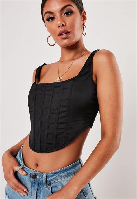 Black Satin Corset Top Missguided Corset Top Outfit Corset Style Tops Black Corset Top