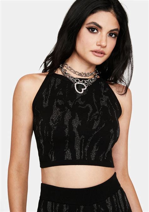 Another Girl Sparkly Lurex Knit Cross Back Crop Top Black Dolls Kill