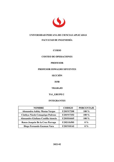 Grupo 2 Costeo De Operaciones UNIVERSIDAD PERUANA DE CIENCIAS