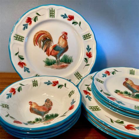 Vintage Epoch Red Rooster Dinner Plates Salad Plates Or Soup Or Cereal