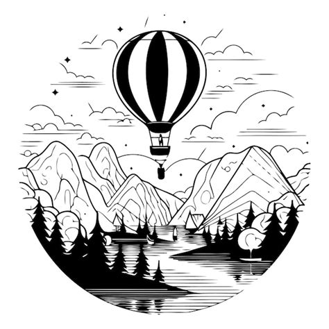 Premium Vector Hot Air Balloon Flying Over The Mountains And Lake