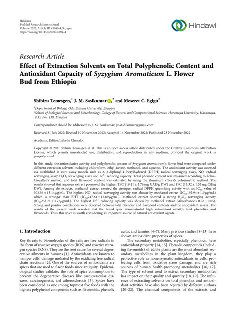 Pdf Effect Of Extraction Solvents On Total Polyphenolic Content And