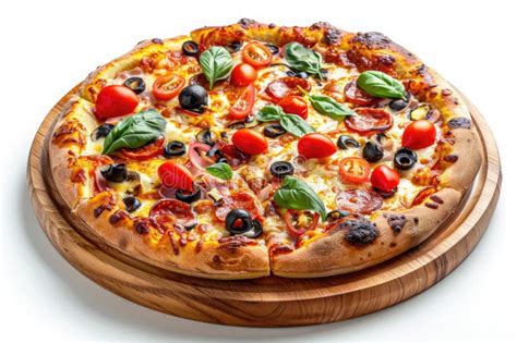 Fresh Pizza With Black Olives Cheese And Tomatoes Served On Wooden Plate Stock Illustration