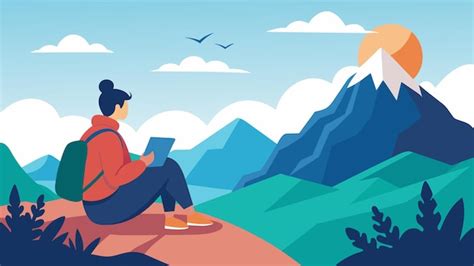 Premium Vector A Hiker Sitting On A Mountaintop Looking Out At The