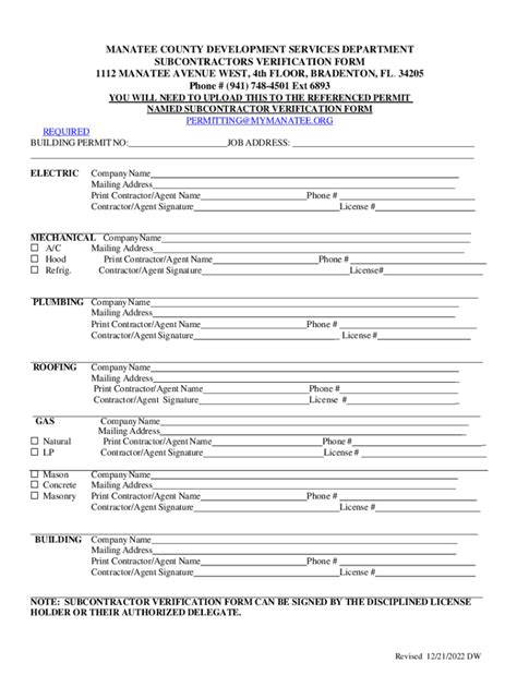 Fillable Online Manatee County Subcontractor Form Fill Online