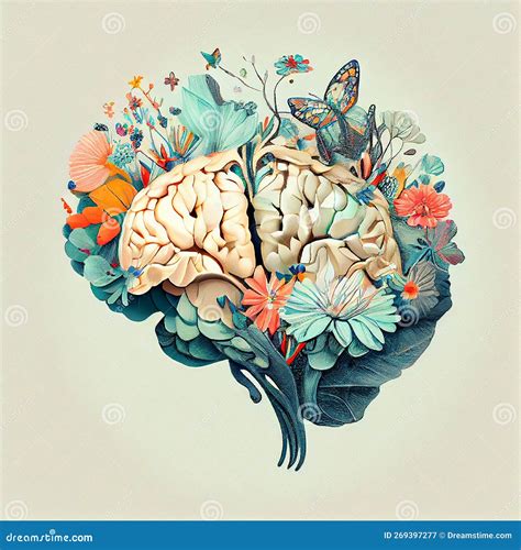 Cerebro Humano Con Flores Y Mariposas Concepto De Salud Mental Y