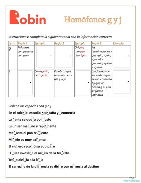 Homófonos G Y J Ficha Interactiva Topworksheets