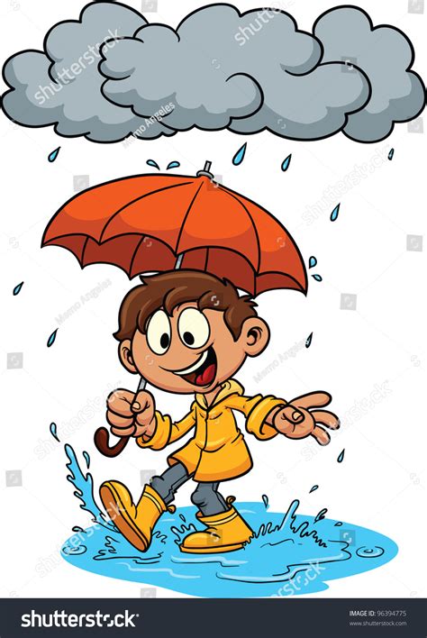 Cartoon Kid Playing Rain Vector Illustration Stock Vector 96394775