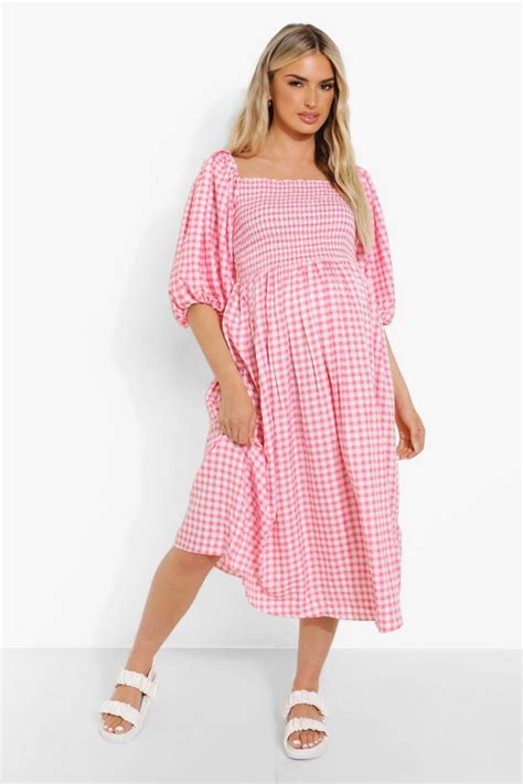 Maternity Gingham Puff Sleeve Midi Dress Boohoo Uk