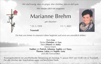 Marianne Brehm Traueranzeige Trauer Infranken De