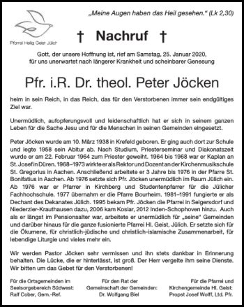 Traueranzeigen Von Pfr I R Dr Theol Peter J Cken Aachen Gedenkt