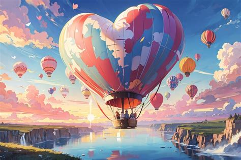 Premium Photo Anime Hot Air Balloon Pictre In Blue Sky Lanscape Background Valentine Day Couple