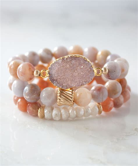 Joss Druzy Bracelet Set Sunstone Moonstone Beaded Bracelets Etsy