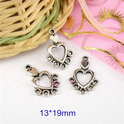 100 Pcs Antique Silver Love Heart Connectors Jewelry Findings 13 19mm