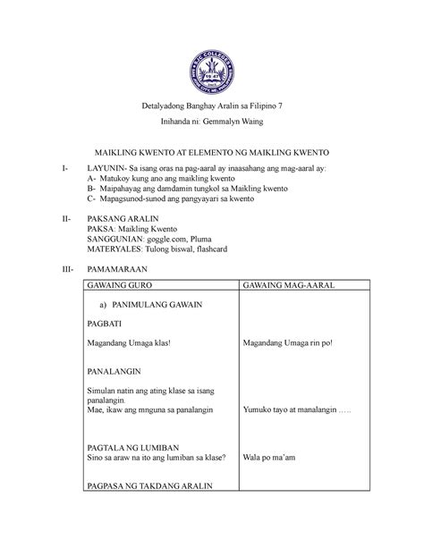 Masusing Banghay Sa Filipino Maikling Kwento Detalyadong Banghay