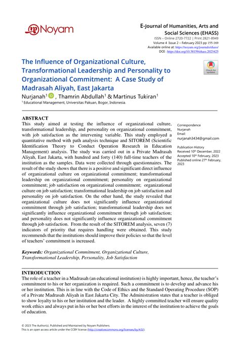 Pdf The Influence Of Organizational Culture Transformational Leadership And Personality To