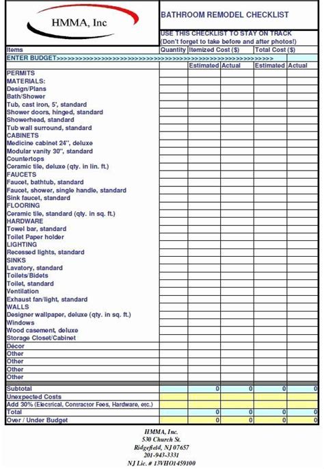 Printable Bathroom Remodel Checklist Template