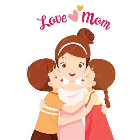 Premium Vector Son And Daughter Hugging Their Mother And Kissing On Her Cheeks