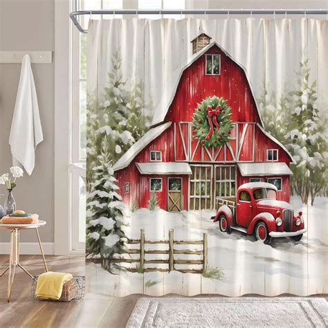 JOOCAR Farmhouse Christmas Shower Curtain Red Retro Truck Farm Barn