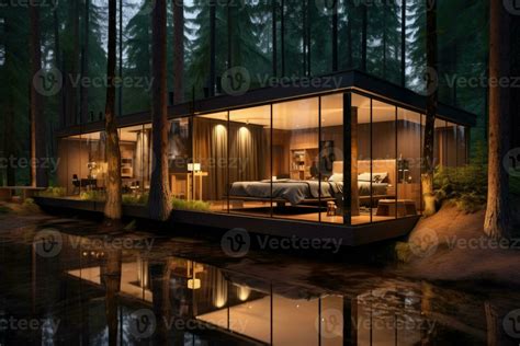 Modern Luxury Villa Exterior Glass Cottage In The Woods Cabin House In Forest Generative Ai