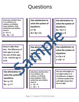 Solving Systems Tic Tac Toe Game By Algebra Beagle Tpt