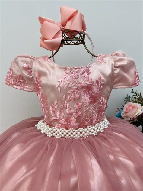 Vestido Infantil Rose Renda Damas Longo C Cinto P Rolas Rosa